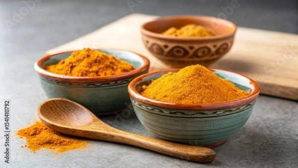 Obraz Vegan diet for cholesterol concept. Bowls of colorful spices with a wooden spoon on a kitchen countertop.