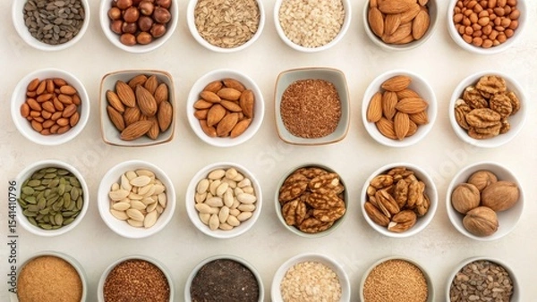 Obraz Vegan diet for cholesterol concept. A variety of seeds and nuts arranged in bowls on a neutral surface.