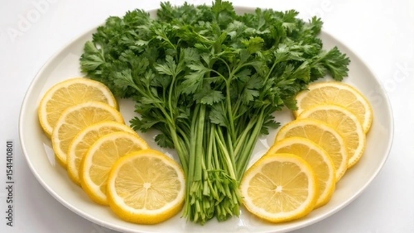 Obraz Vegan diet for cholesterol concept. Fresh parsley and lemon slices arranged on a plate.