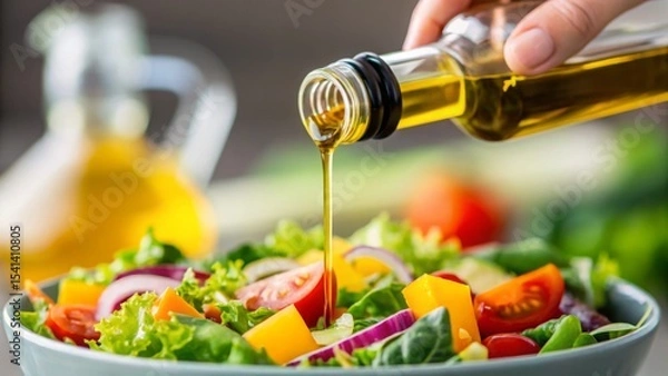Obraz Vegan diet for cholesterol concept. Fresh salad being drizzled with olive oil.