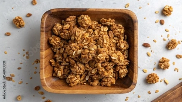 Obraz Vegan diet for cholesterol concept. Granola clusters in a wooden bowl on a textured surface.
