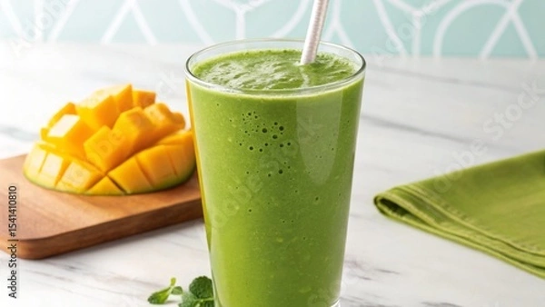 Obraz Vegan diet for cholesterol concept. Refreshing green smoothie with mango slices on a wooden board.