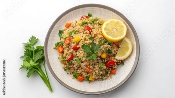 Obraz Vegan diet for cholesterol concept. Fresh quinoa salad with vegetables and lemon slices.