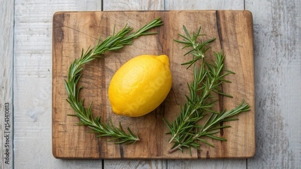 Obraz Vegan diet for cholesterol concept. Lemon surrounded by rosemary on a wooden cutting board.