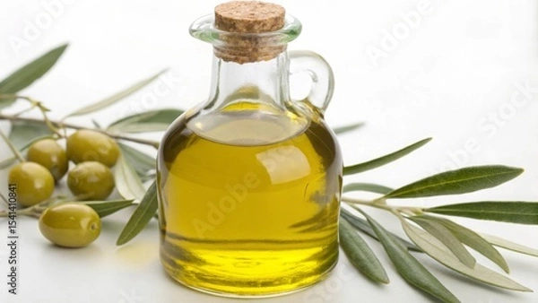 Obraz Vegan diet for cholesterol concept. Olive oil in a glass bottle with olives and leaves on a white background.