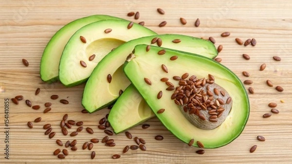 Obraz Vegan diet for cholesterol concept. Sliced avocado with seeds on a wooden surface.