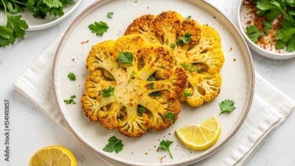 Obraz Vegan diet for cholesterol concept. Grilled cauliflower steaks garnished with herbs and lemon slices.