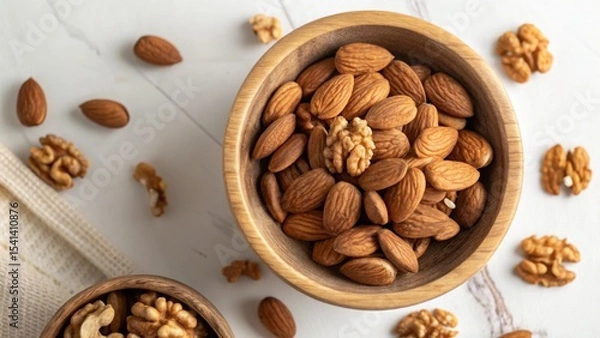 Obraz Vegan diet for cholesterol concept. Bowls filled with nuts and seeds on a light surface.