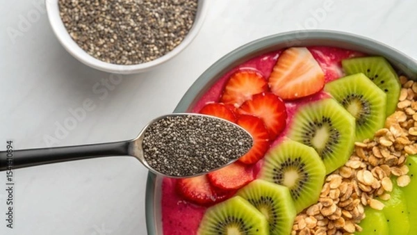 Obraz Vegan diet for cholesterol concept. Healthy smoothie bowl with fruits and chia seeds on a marble surface.