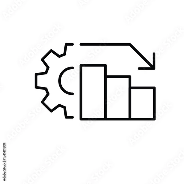 Fototapeta Low performance chart icon outline style. A declining bar graph with gear and downward arrow showing reduced efficiency or productivity drop. Thin line symbol vector illustration.
