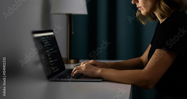 Fototapeta Typing hands writing programming language on laptop with code editor open, showing software development and tech productivity work flow