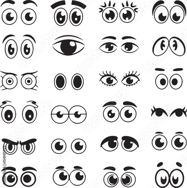 Fototapeta Collection of Twenty Four Black and White Cartoon Eyes Illustrations Various Expressions Eyebrows Silhouettes