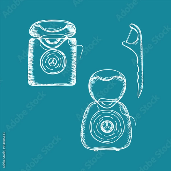 Obraz Dental floss for personal oral care - sketch vector line drawing set. Dentistry and hygiene practices at home. Minimalist doodle outline isolated