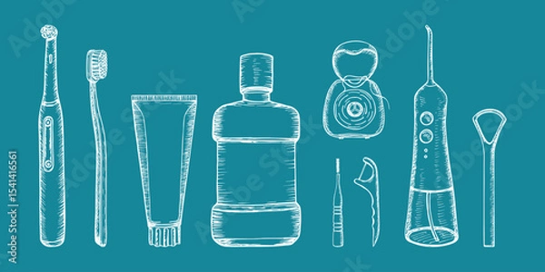 Obraz Oral hygiene kit for dental hygiene, in-home dental hygiene. Toothpaste, toothbrush, floss, mouthwash, tongue scraper. Hand drawn vector sketch illustration. Outline doodle clipart isolated