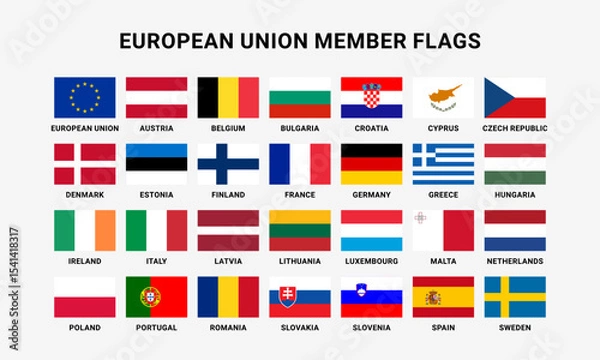 Fototapeta Complete Vector Flag Set of all 27 European Union (EU) Member Countries | Official National Symbols Collection