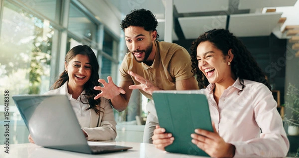 Fototapeta Laughing, meeting and colleagues with laptop, office and humor for project, collaboration and group. Happy, marketing coordinator and people with tablet for campaign, teamwork or employees with jokes