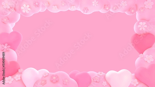 Fototapeta 3D render hearts and flowers frame on pink background.