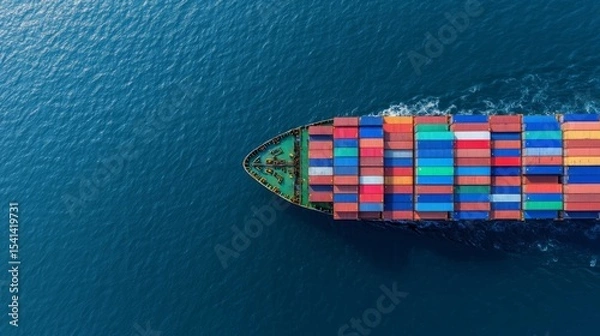 Fototapeta Aerial View of a Large Cargo Ship Sailing on the Ocean Colorful Shipping Containers