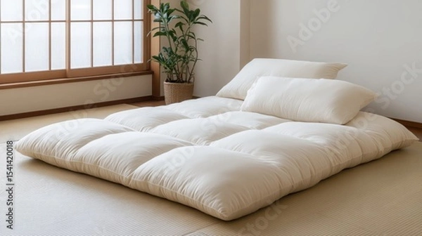 Fototapeta Comfortable Japanese Futon Mattress Set with Pillows for Relaxing Sleep in a Minimalist Bedroom
