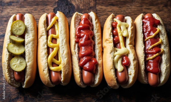 Fototapeta Top-Down View of Classic Hotdogs Lined Up with Condiments and Pickles