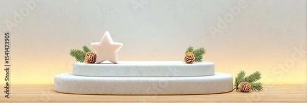 Fototapeta Minimalist holiday display with star ornament, pine cones, and greenery on tiered platform