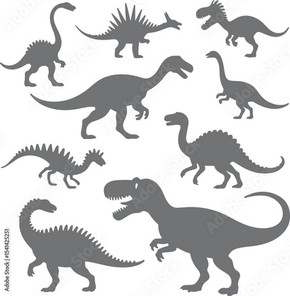 Fototapeta Gray Dinosaur Silhouettes Collection Various Prehistoric Creatures Grey Scale Vector Illustration Set Different Types of Dinosaurs Prehistoric
