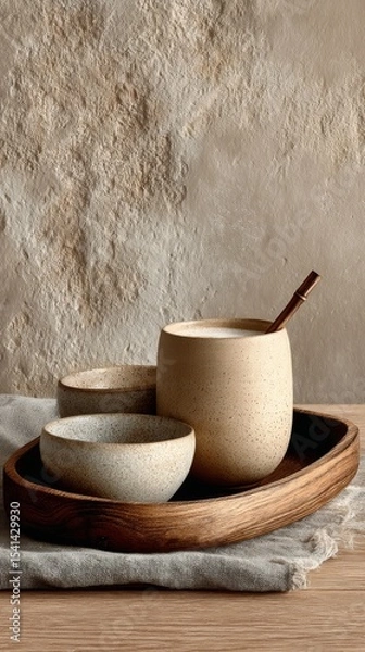 Fototapeta Rustic ceramic cups and bowls on wooden tray against textured wall