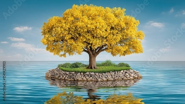 Fototapeta Solitary Yellow Tree on a Tiny Island in a Calm Blue Ocean
