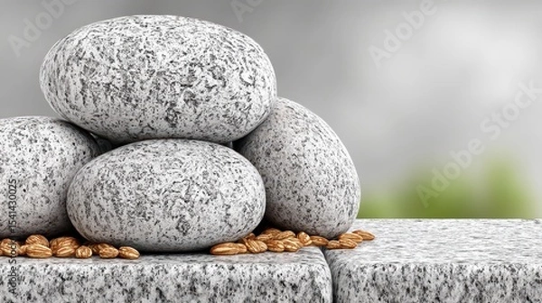 Fototapeta Speckled Gray Stones Stacked on Granite Surface with Brown Seeds