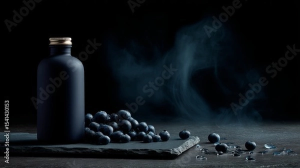 Fototapeta Elegant dark bottle with fresh blueberries on slate against smoky background