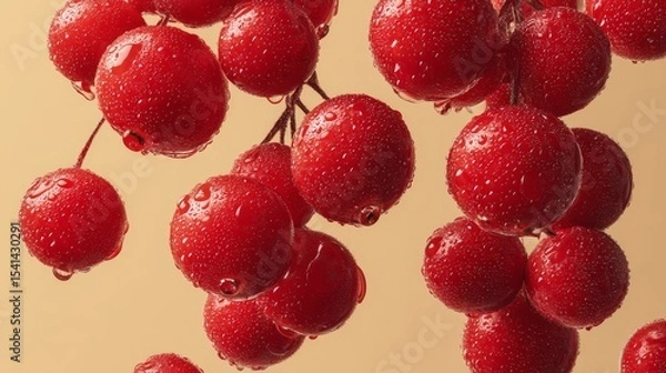 Fototapeta Levitation of fresh red cranberries with water droplets in macro style