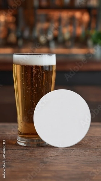 Fototapeta Mockup of white beer coasters and pint glass in a cozy bar setting