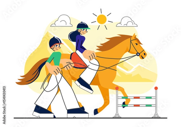 Obraz Horse Riding Vector Illustration Featuring Practicing Horseback Riding or Equestrian Sports in a Green Field with Flat Style Cartoon Background