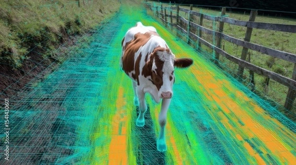 Fototapeta Veterinary ai analyzing animal gait on farm path for advanced health monitoring