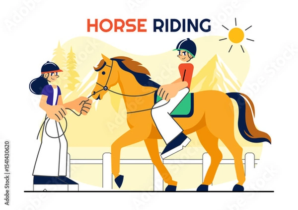Obraz Horse Riding Vector Illustration Featuring Practicing Horseback Riding or Equestrian Sports in a Green Field with Flat Style Cartoon Background