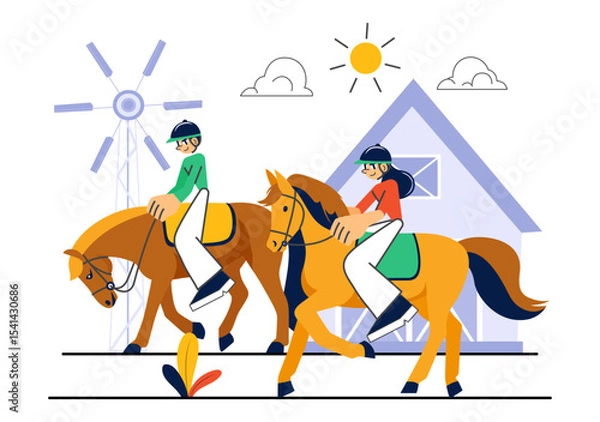 Obraz Horse Riding Vector Illustration Featuring Practicing Horseback Riding or Equestrian Sports in a Green Field with Flat Style Cartoon Background