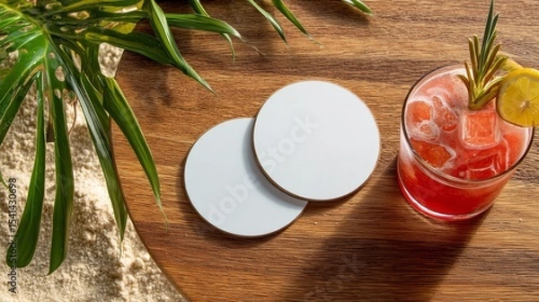 Fototapeta Beachfront vibes with white round coasters on wooden table for summer decor