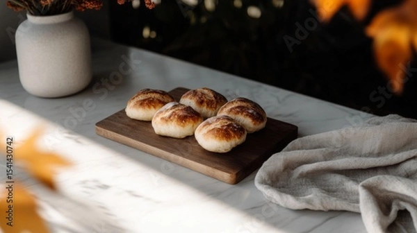 Fototapeta Asymmetrically styled rustic bread rolls on wooden board in cozy setting