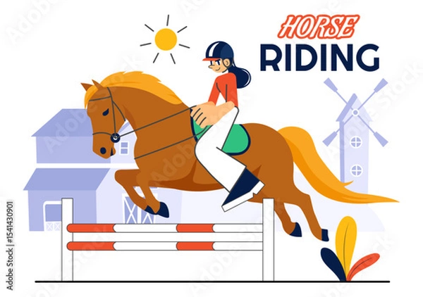 Obraz Horse Riding Vector Illustration Featuring Practicing Horseback Riding or Equestrian Sports in a Green Field with Flat Style Cartoon Background