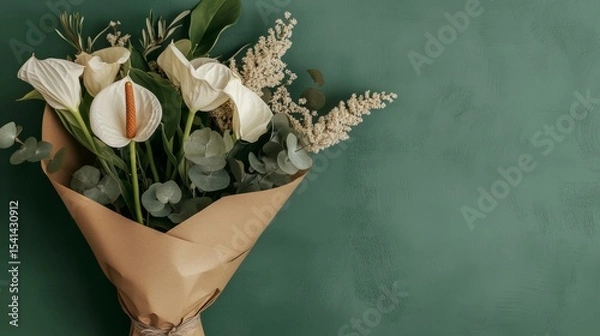 Fototapeta Elegant floral arrangement with modern bouquet on green background
