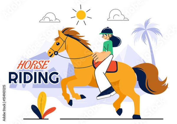 Obraz Horse Riding Vector Illustration Featuring Practicing Horseback Riding or Equestrian Sports in a Green Field with Flat Style Cartoon Background