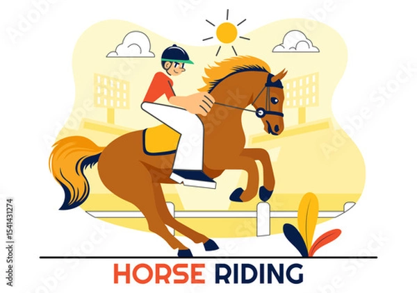 Obraz Horse Riding Vector Illustration Featuring Practicing Horseback Riding or Equestrian Sports in a Green Field with Flat Style Cartoon Background