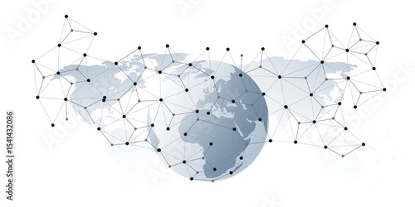 Fototapeta Abstract grey globe with 3d network points and lines connecting continents over a gray world map background. Modern concept for global communication, data transfer, internet and global technology.