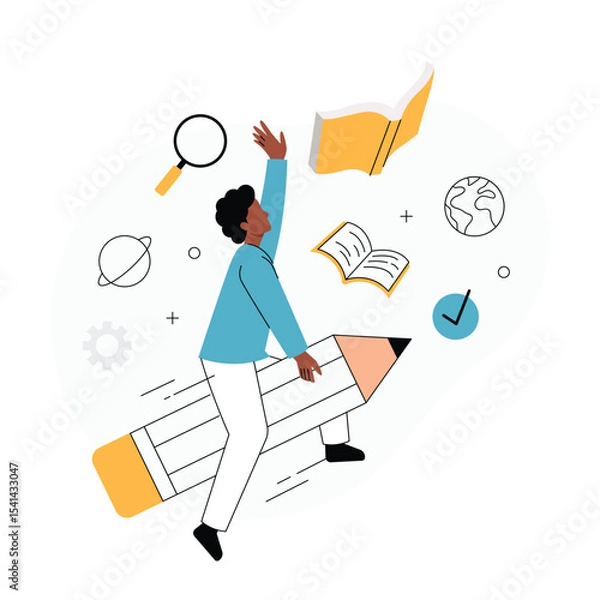 Fototapeta Reaching New Heights Through Education. Vector illustration shows a person riding on a giant pencil, reaching upwards towards an open book