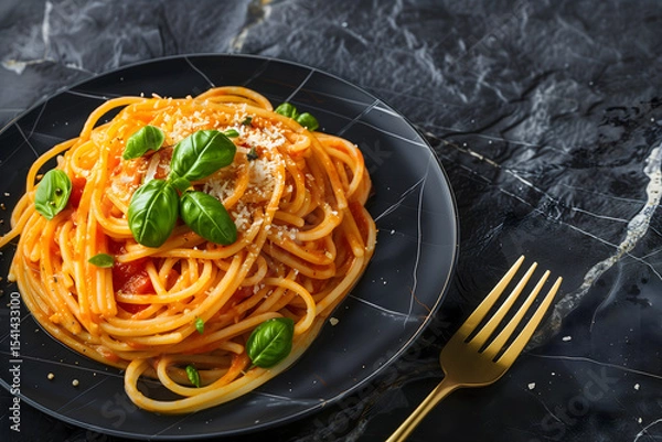 Obraz Premium pasta plating with golden marble backdrop
