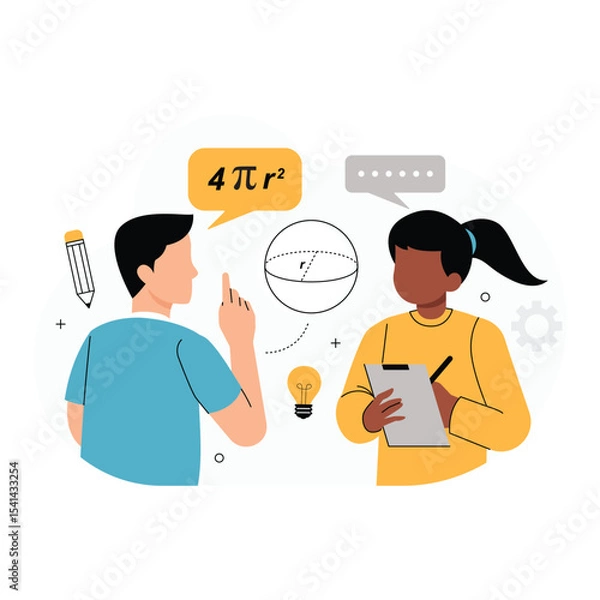 Fototapeta Two Students Learning of Geometry Formula. Vector illustration showing two students engaged in a math lesson and discussing a geometry formula