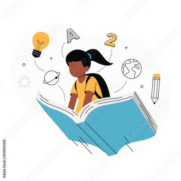 Fototapeta Imaginative Learning Journey Through Books. Vector illustration of a young girl wearing a backpack flying together over a large book. 