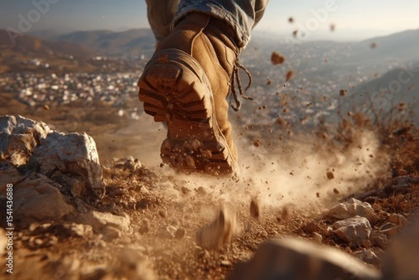 Obraz A close-up shot of a hiker's boot kicking up dirt and rocks while traversing a rugged, mountainous terrain, symbolizing adventure and outdoor exploration in nature.