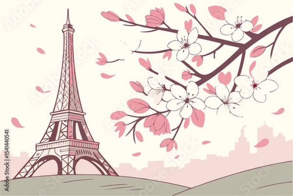 Obraz Paris eiffel tower spring blossom illustration