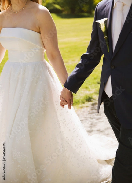 Obraz Close up of bride and groom holding hands and walking outdoors